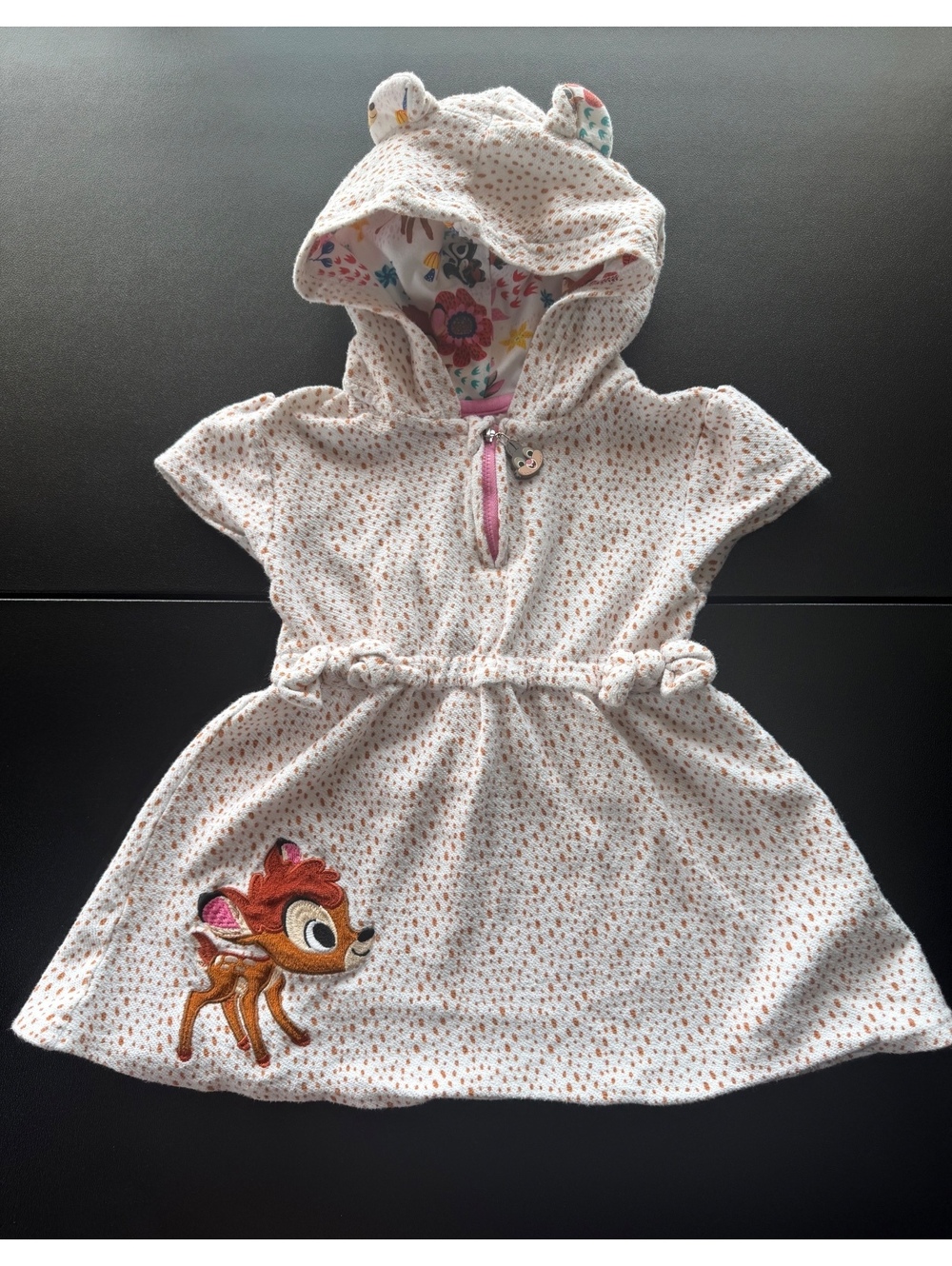 Disney Store Bambi Girls 4T Hooded Dress Deer Print Thumper Flower Embroidered